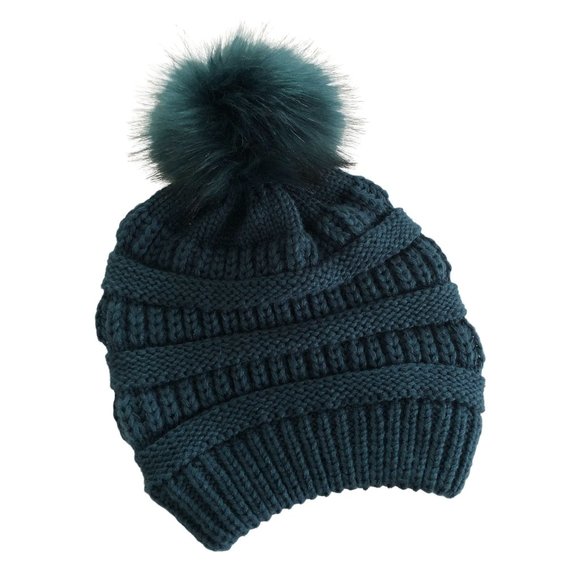 Queenfur Accessories - Queenfur Womens Faux Fur Pom Pom Winter Hat Knit Beenie Dark Teal Blue 1676